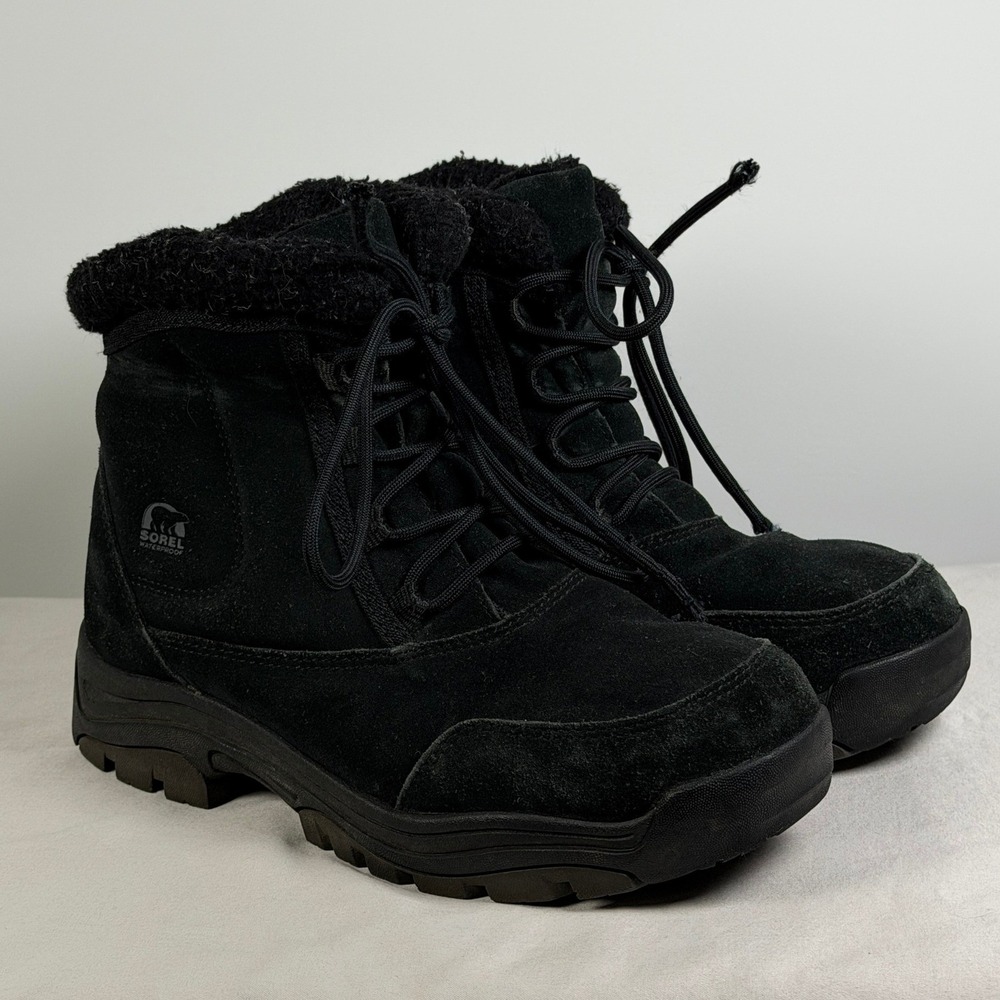 Sorel Waterfall Low Lace Black Suede Waterproof Winter Boots Womens Size 7.5